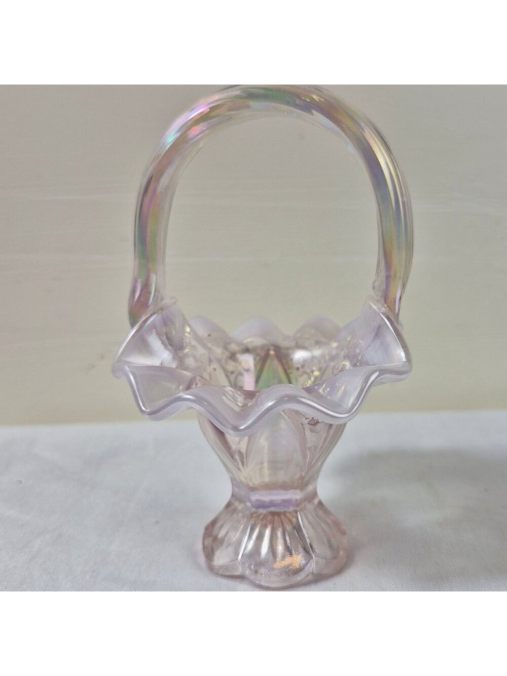 Fenton Pink Iridescent Art Glass Miniature Basket Ruffled Rim 4.25"